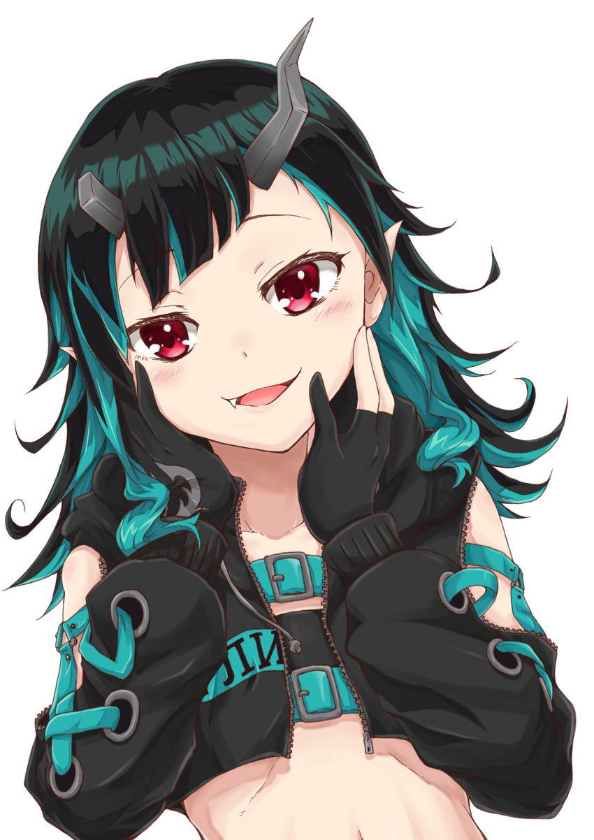1girl absurdres bangs belt beltbra black_gloves black_hair black_jacket blue_belt blue_hair blush chest_belt clothing_cutout commentary_request cropped_jacket cross-laced_sleeves demon_girl demon_horns eyebrows_visible_through_hair fang flat_chest gloves hands_on_own_cheeks hands_on_own_face highres horns jacket long_hair long_sleeves looking_at_viewer midriff multicolored_hair norio_minami open_mouth partially_fingerless_gloves pointy_ears red_eyes shishio_chris shoulder_cutout simple_background smile solo sugar_lyric transparent_background two-tone_hair upper_body virtual_youtuber