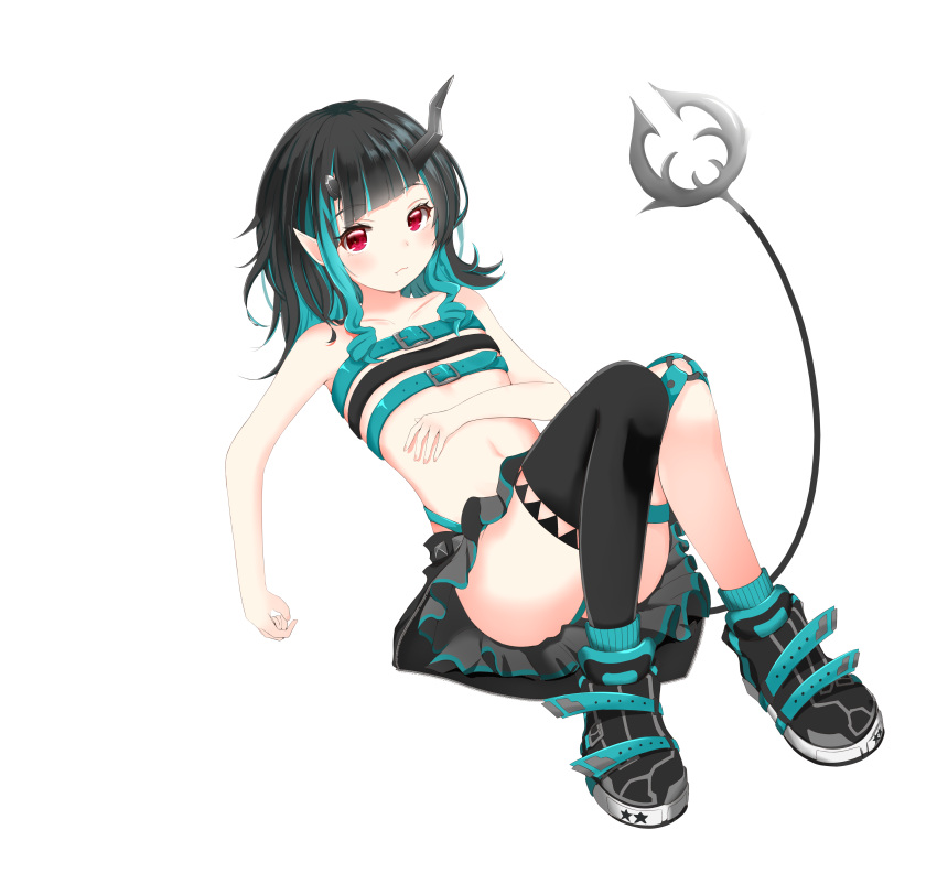 1girl absurdres bangs beltbra black_footwear black_hair black_legwear black_skirt blue_hair blush chest_belt closed_mouth commentary_request demon_girl demon_horns demon_tail expressionless fang flat_chest full_body garter_straps grey_skirt highres horns kappo_(irizuki) layered_skirt long_hair looking_at_viewer midriff multicolored_hair navel no_jacket pointy_ears red_eyes shishio_chris shoes simple_background single_thighhigh skirt sneakers solo sugar_lyric tail thighhighs two-tone_hair virtual_youtuber white_background zipper_skirt