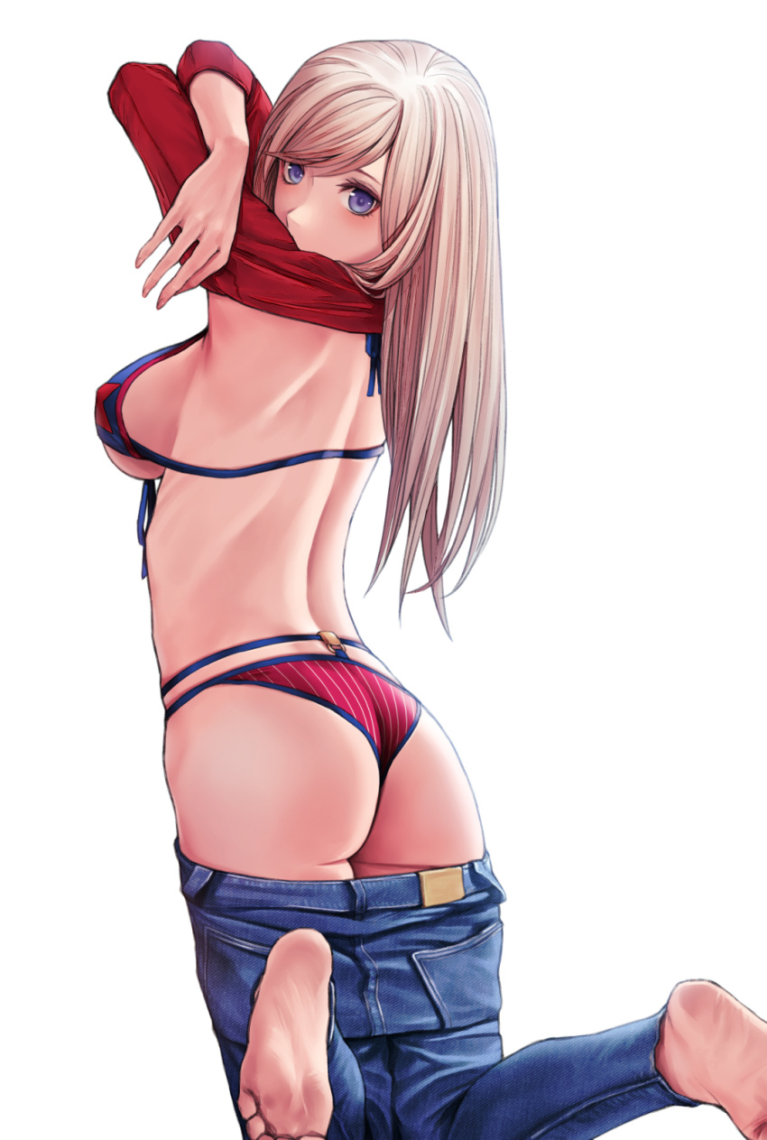 1girl american_flag_bikini applekun arms_up ass back barefoot bikini blonde_hair blue_eyes breasts clothes_lift clothes_pull denim fate/grand_order fate_(series) feet flag_print foot_out_of_frame from_behind hair_down halterneck highres jeans kneeling large_breasts long_hair long_sleeves looking_at_viewer looking_back miyamoto_musashi_(fate) miyamoto_musashi_(swimsuit_berserker)_(fate) pants pants_pull red_shirt shirt shirt_lift sideboob simple_background soles solo straight_hair swimsuit toes undressing white_background