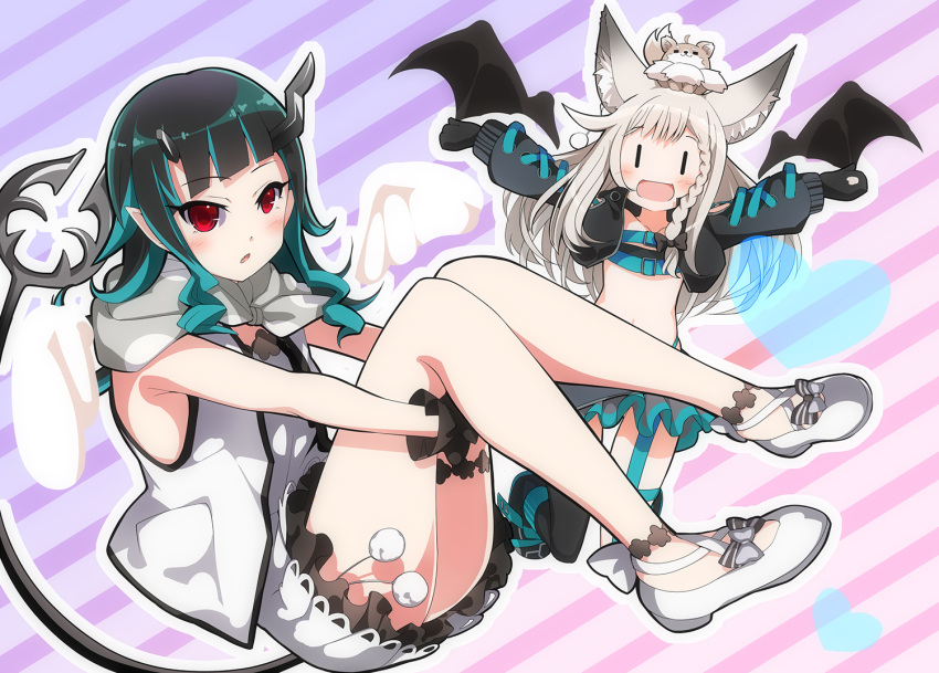 2girls animal_ear_fluff animal_ears animal_on_head animare bangs belt beltbra black_footwear black_gloves black_hair black_jacket black_legwear black_skirt blue_belt blue_hair blush braid chest_belt clothing_cutout commentary_request cosplay costume_switch cropped_jacket cross-laced_sleeves demon_girl demon_horns demon_tail eyebrows_visible_through_hair fang flat_chest full_body garter_straps gloves grey_hair grey_scarf grey_skirt horns jacket layered_skirt long_hair long_sleeves looking_at_viewer midriff multicolored_hair multiple_girls navel on_head open_clothes open_jacket open_mouth pointy_ears red_eyes scarf sch shiromiya_mimi shiromiya_mimi_(cosplay) shishio_chris shishio_chris_(cosplay) shoes shoulder_cutout side_braid single_braid single_thighhigh skirt sneakers sugar_lyric tail thighhighs two-tone_hair vest virtual_youtuber white_background white_footwear white_vest |_|