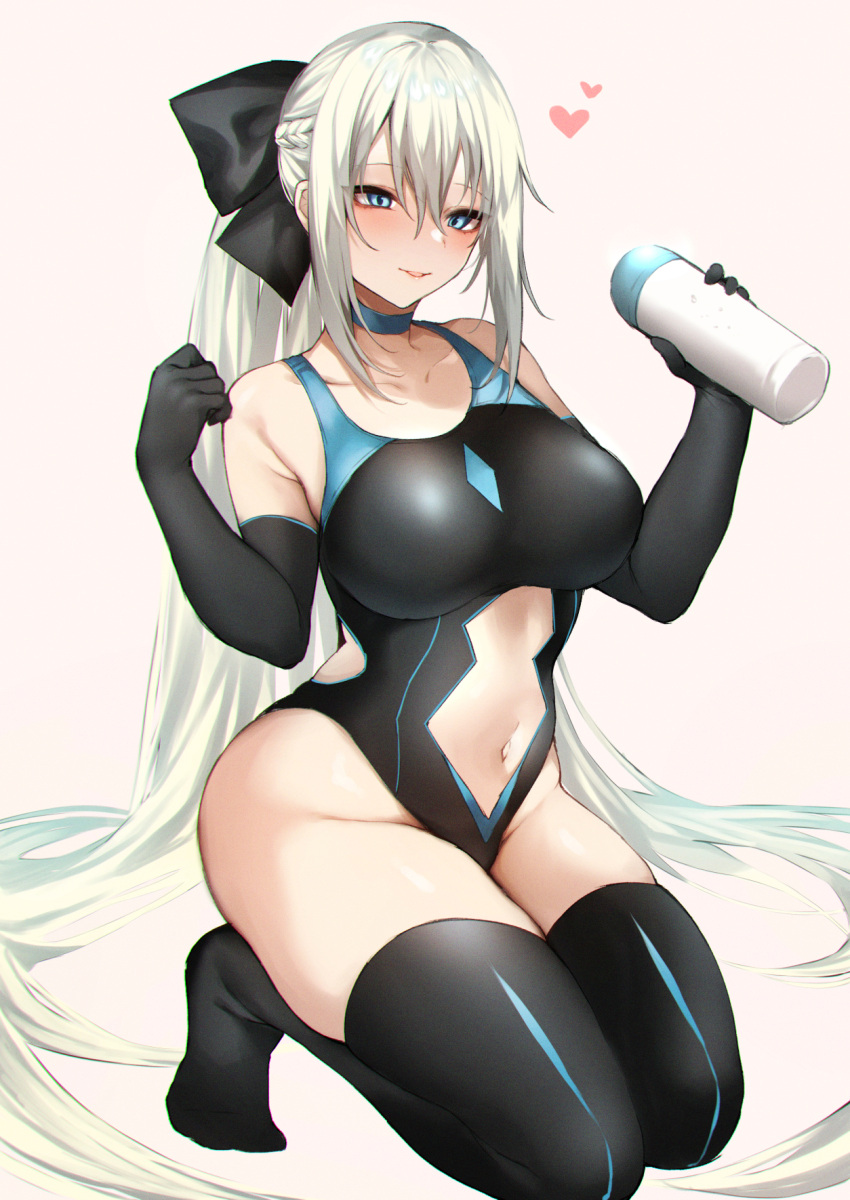 1girl adapted_costume black_bow bottle bow braid breasts center_opening clothing_cutout competition_swimsuit elbow_gloves fate/grand_order fate_(series) french_braid gloves highleg highleg_swimsuit highres iriehana large_breasts light_blue_eyes looking_at_viewer lotion lotion_bottle morgan_le_fay_(fate) one-piece_swimsuit ponytail solo stomach_cutout swimsuit thighhighs