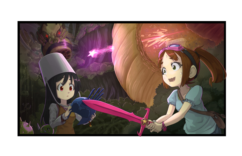 2girls bee black_hair breasts brown_hair brown_vest bucket bucket_on_head bug english_commentary gameplay_mechanics goggles goggles_on_head green_eyes helmet highres holding holding_helmet holding_sword holding_weapon jungle long_sleeves multiple_girls nature object_on_head original ponytail red_eyes short_sleeves slime_(creature) small_breasts suweeka sweat sweating_profusely sword terraria transparent_border underground upper_body vest weapon