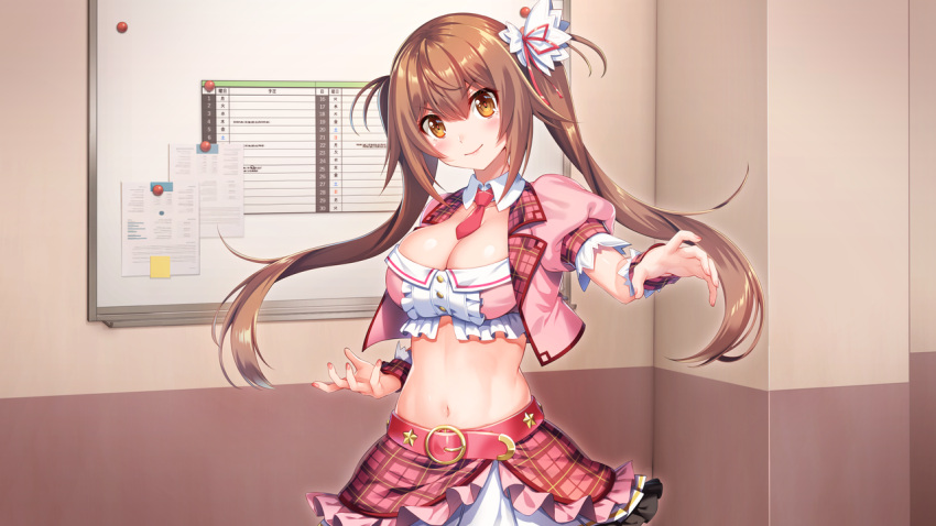 1girl akanesaki_tsubaki belt belt_buckle blush breasts brown_eyes brown_hair buckle cleavage closed_mouth collar crop_top detached_collar floating_hair game_cg hair_between_eyes hair_ribbon idoldays indoors jacket large_breasts layered_skirt long_hair looking_at_viewer midriff miniskirt nail_polish navel necktie official_art open_clothes open_jacket pink_belt pink_jacket pink_nails pink_skirt plaid plaid_skirt red_neckwear red_ribbon ribbon shinozuka_atsuto shiny shiny_hair short_necktie short_sleeves skirt smile solo standing stomach twintails v-shaped_eyebrows very_long_hair white_collar wing_collar wrist_cuffs