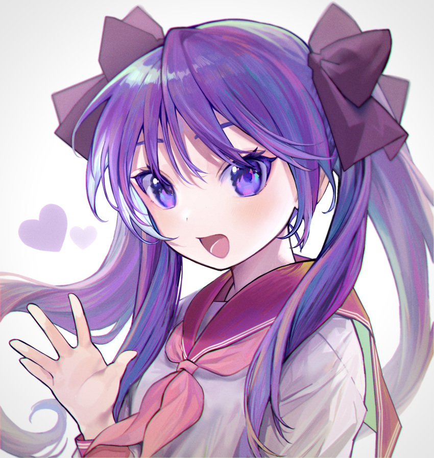 1girl :d absurdres bangs blush bow double_horizontal_stripe flipped_hair hair_bow hair_ornament hand_up heart highres hiiragi_kagami kisaragi_shiho long_hair looking_at_viewer lucky_star neckerchief open_mouth purple_bow purple_eyes purple_hair red_neckerchief red_sailor_collar ryouou_school_uniform sailor_collar school_uniform serafuku shirt sidelocks simple_background smile solo swept_bangs tsurime twintails upper_body waving white_background white_shirt