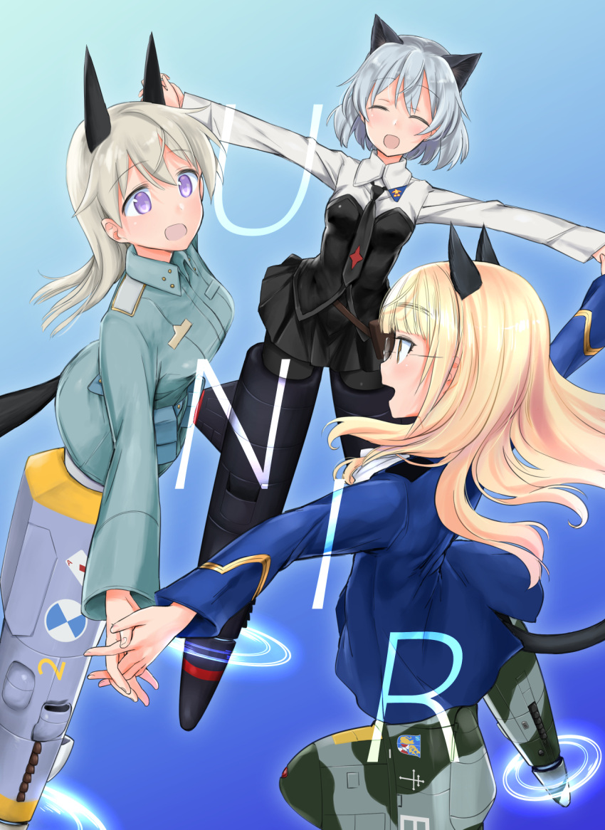 3g45 animal_ears aohashi_ame bangs black_legwear black_shirt black_skirt blonde_hair blue_background blue_jacket blunt_bangs collared_shirt commentary_request eila_ilmatar_juutilainen eyebrows_visible_through_hair glasses gradient gradient_background grey_hair highres holding_hands interlocked_fingers jacket long_hair long_sleeves looking_at_another military military_uniform miniskirt necktie open_mouth pantyhose perrine_h._clostermann pleated_skirt purple_eyes sanya_v._litvyak shirt short_hair silver_hair skirt smile strike_witches striker_unit tail uniform world_witches_series