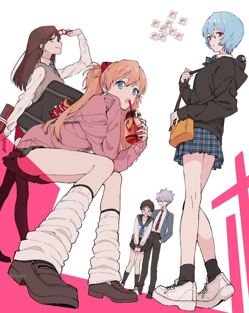 2boys 3girls annotated ayanami_rei backpack bag bangs blue_eyes blue_hair blush commentary drinking_straw end_of_evangelion eva_02 eyebrows_visible_through_hair from_below girly_boy glasses highres ikari_shinji legs long_hair loose_socks makinami_mari_illustrious mass_production_eva multiple_boys multiple_girls nagisa_kaworu necktie neon_genesis_evangelion open_mouth otoko_no_ko plico_(nicoma) rebuild_of_evangelion red_eyes sachiel school_uniform serafuku short_hair simple_background skirt souryuu_asuka_langley twintails twitter_username