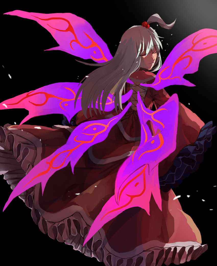 1girl absurdres bare_back closed_eyes commentary dress eyebrows_visible_through_hair frilled_dress frilled_sleeves frills hair_bobbles hair_ornament highres kuma_xylocopa long_dress long_hair long_sleeves multiple_wings red_dress shinki_(touhou) side_ponytail sleeves_past_fingers sleeves_past_wrists smile touhou touhou_(pc-98) white_hair wide_sleeves wings