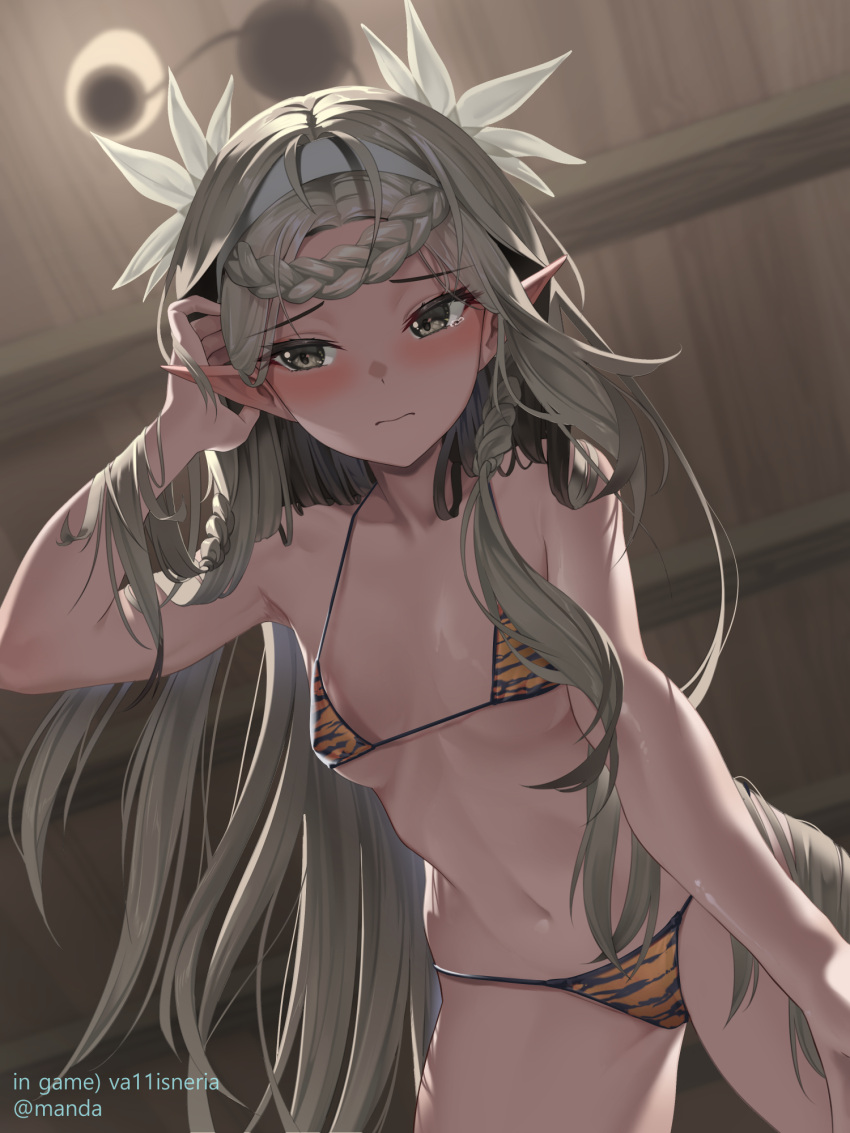 1girl animal_print bikini blush braid breasts closed_mouth commentary epic_seven eyebrows_visible_through_hair green_eyes green_hair hair_tucking hairband highres iseria_(epic_seven) long_hair luts navel pointy_ears small_breasts solo swimsuit tears tiger_print twitter_username very_long_hair white_hairband