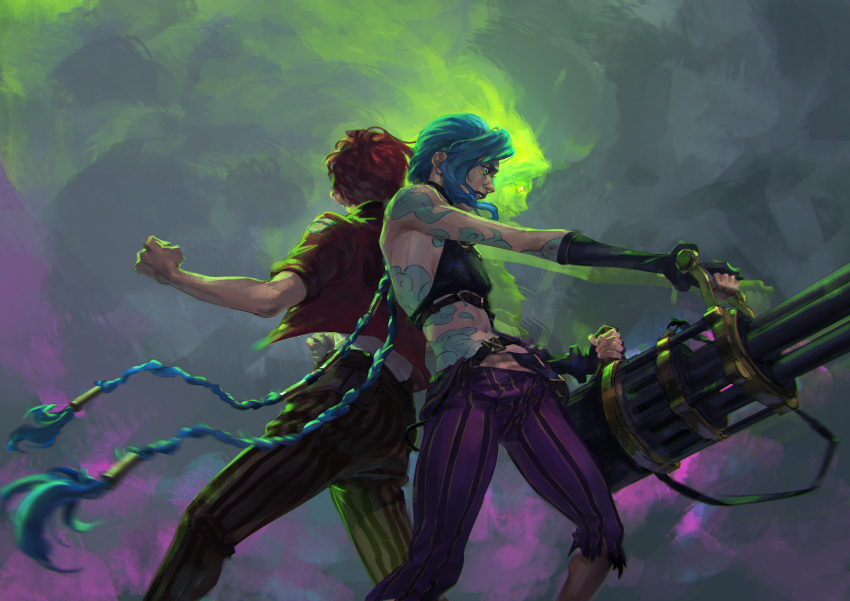 2girls absurdres arcane:_league_of_legends arm_tattoo back-to-back black_gloves black_pants blue_hair braid brown_pants clenched_hand cloud_tattoo feet_out_of_frame fingerless_gloves gatling_gun gloves green_background grey_background grin highres holding holding_weapon jacket jinx_(league_of_legends) league_of_legends long_hair mikandii minigun multiple_girls open_mouth pants pink_pants red_hair red_jacket short_hair shoulder_tattoo siblings sisters sleeves_pushed_up smile steam stomach_tattoo striped striped_pants tattoo torn_clothes torn_pants twin_braids vi_(league_of_legends) weapon