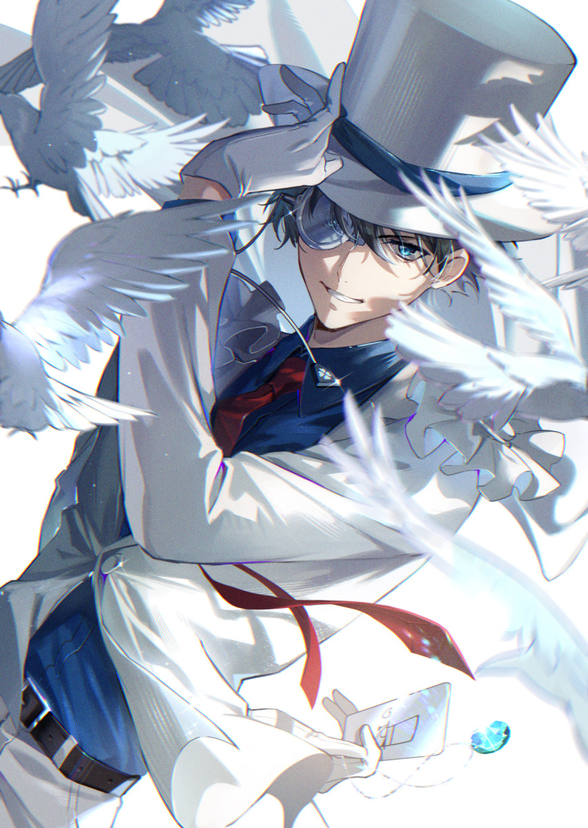 1boy arm_behind_back bangs belt bird black_belt black_hair blue_eyes blue_shirt card collared_shirt dove dress_shirt ekita_kuro formal gloves grin hair_between_eyes hand_up hat highres holding holding_card jacket kaitou_kid long_sleeves looking_at_viewer magic_kaito male_focus meitantei_conan monocle monocle_chain necktie pants red_necktie shirt short_hair simple_background smile solo suit top_hat white_background white_gloves white_headwear white_jacket white_pants white_suit