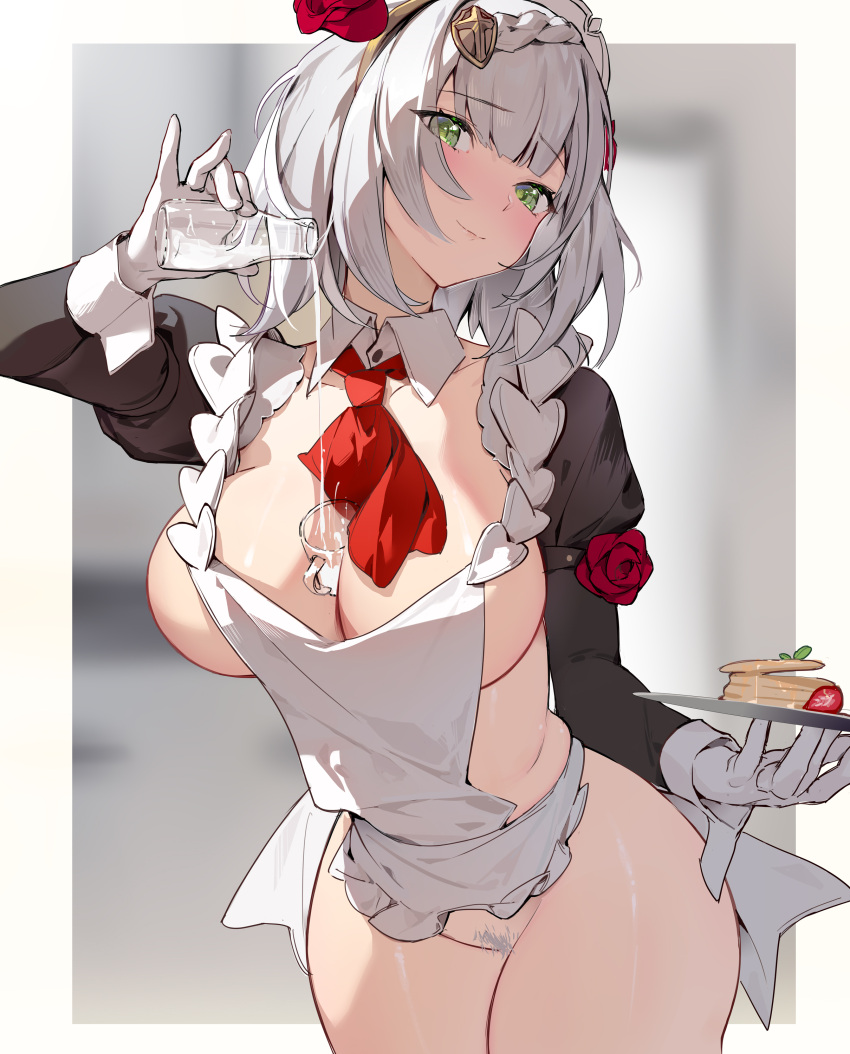 1girl absurdres apron arm_up between_breasts braid breasts cleavage commentary_request cowboy_shot detached_collar detached_sleeves female_pubic_hair flower frills genshin_impact gloves green_eyes grey_hair hair_flower hair_ornament highres holding houkiboshi_(mmjw7432) juliet_sleeves large_breasts long_sleeves looking_at_viewer maid maid_apron maid_headdress necktie no_bra no_panties noelle_(genshin_impact) object_on_breast plate pouring_onto_self pubic_hair puffy_sleeves revealing_clothes short_hair smile solo standing white_gloves
