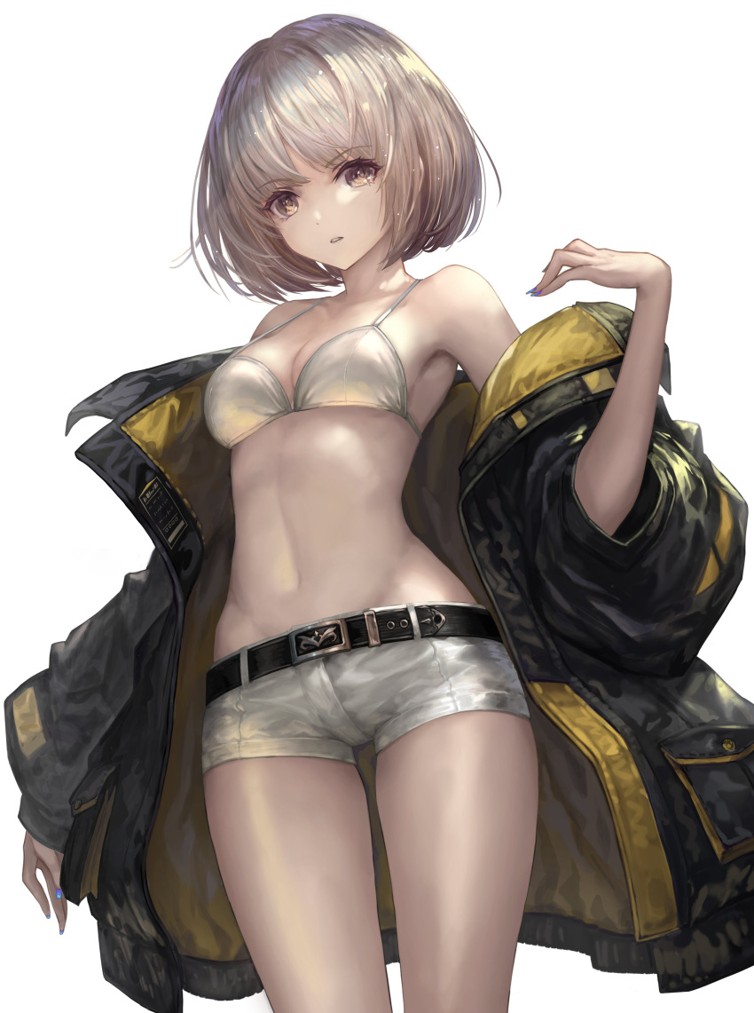 1girl absurdres bangs bare_shoulders bob_cut bra breasts eyebrows_visible_through_hair highres looking_at_viewer medium_breasts navel original short_hair simple_background solo tachikawa_mushimaro thighs underwear white_background white_hair yellow_eyes