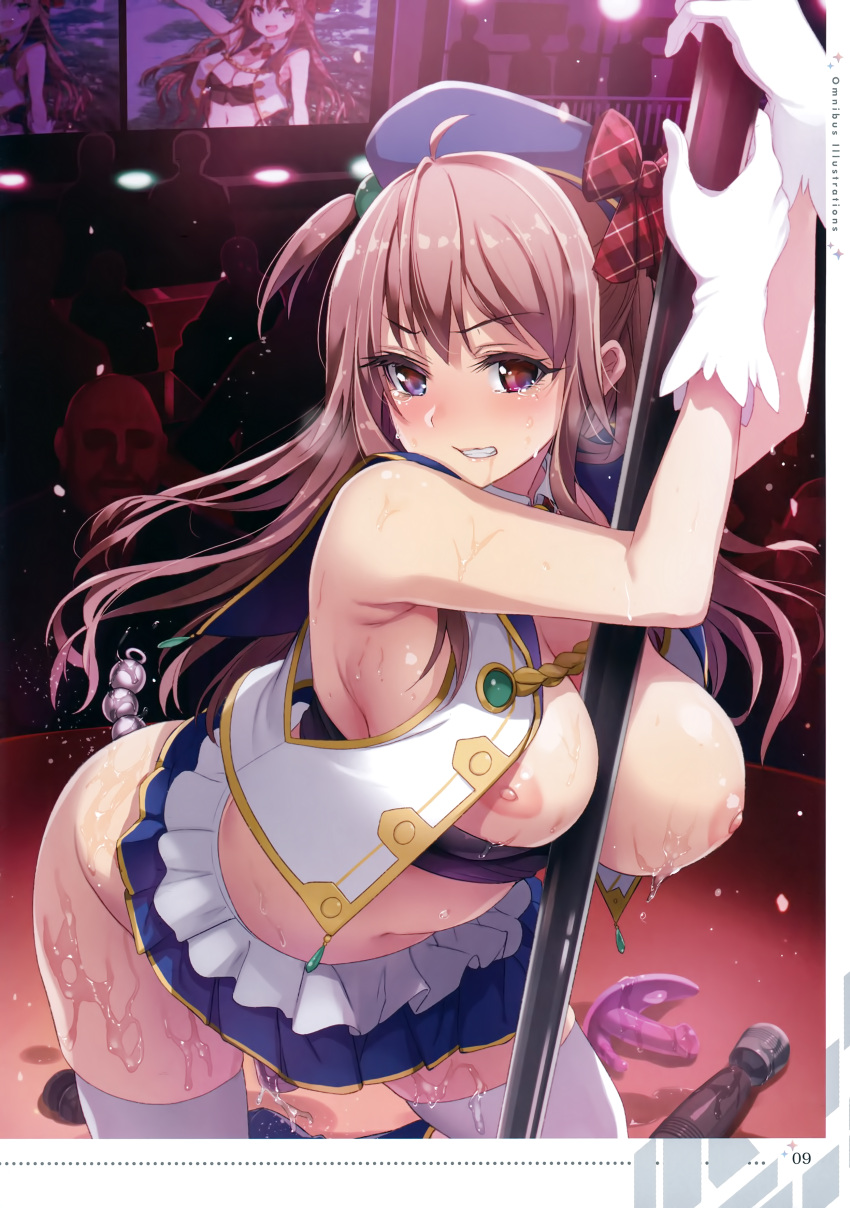 1girl absurdres bow breasts dildo gloves hat hat_bow hat_ribbon highres holding holding_pole inue_shinsuke large_breasts long_hair nipples non-web_source original pole pole_dancing ribbon sex_toy stripper_pole tears thighhighs vibrator