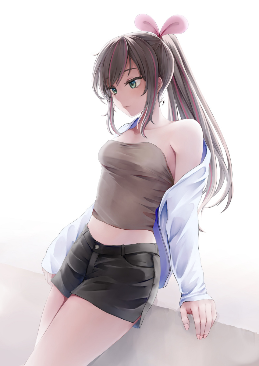 1girl aira_(qwedcxza49) bangs bare_legs black_shorts breasts brown_hair brown_shirt closed_mouth collarbone green_eyes highres jacket kizuna_ai kizuna_ai_inc. leaning_back long_hair long_sleeves medium_breasts midriff multicolored_hair off_shoulder pink_hair ponytail shirt short_shorts shorts simple_background solo stomach strapless strapless_shirt swept_bangs two-tone_hair very_long_hair virtual_youtuber white_background white_jacket