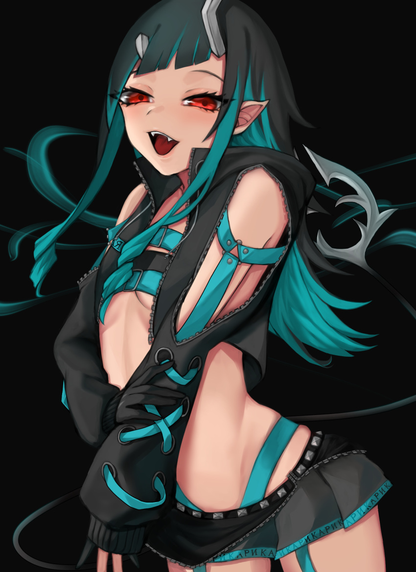 1girl bangs belt beltbra black_background black_gloves black_hair black_jacket black_skirt blue_belt blue_hair breasts chest_belt clothing_cutout commentary_request cowboy_shot cropped_jacket cross-laced_sleeves demon_girl demon_horns demon_tail fangs garter_straps gloves grey_skirt highres horns jacket layered_skirt long_hair long_sleeves looking_at_viewer midriff miniskirt multicolored_hair open_mouth partially_fingerless_gloves pointy_ears red_eyes rerushia russian_text shishio_chris shoulder_cutout skirt small_breasts solo sugar_lyric tail two-tone_hair virtual_youtuber zipper_skirt