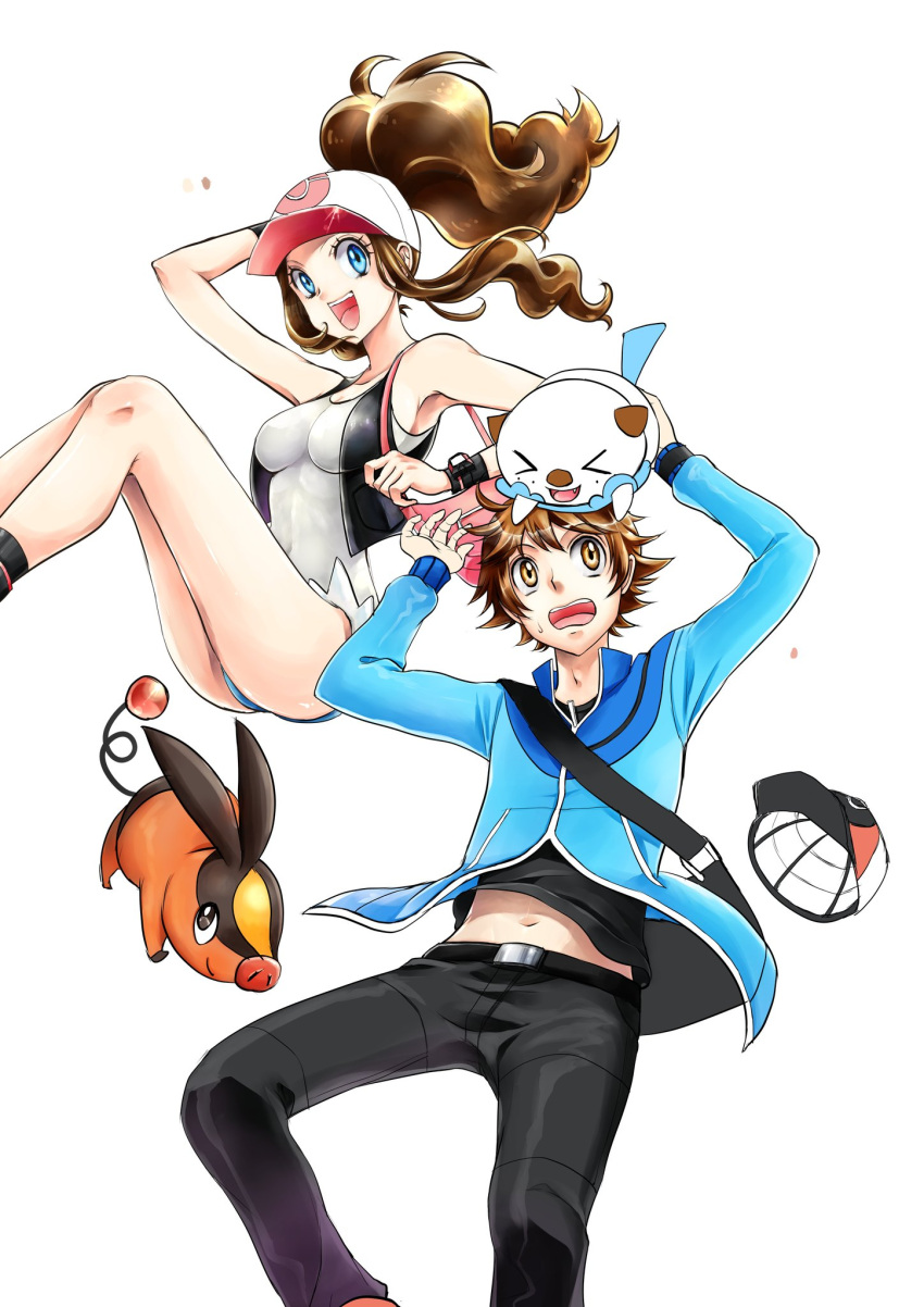 1boy 1girl aoi_chamu bag baseball_cap black_vest blue_eyes breasts brown_hair cutoffs denim denim_shorts hat high_ponytail highres hilbert_(pokemon) hilda_(pokemon) long_hair looking_at_viewer open_mouth oshawott pokemon pokemon_(creature) pokemon_(game) pokemon_bw ponytail shirt short_shorts shorts shoulder_bag simple_background sleeveless sleeveless_shirt smile tank_top tepig vest white_background white_shirt wristband