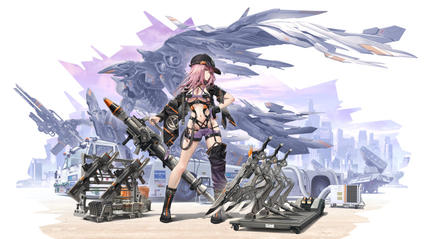 1girl absurdres alice_gear_aegis black_gloves boots choker garter_straps gloves gun hand_on_hip hat highres holding holding_gun holding_weapon logo looking_at_viewer mecha navel pinakes pink_hair revealing_clothes rocket_launcher short_shorts shorts simple_background single_thighhigh solo suspenders thighhighs weapon yotsuya_yumi