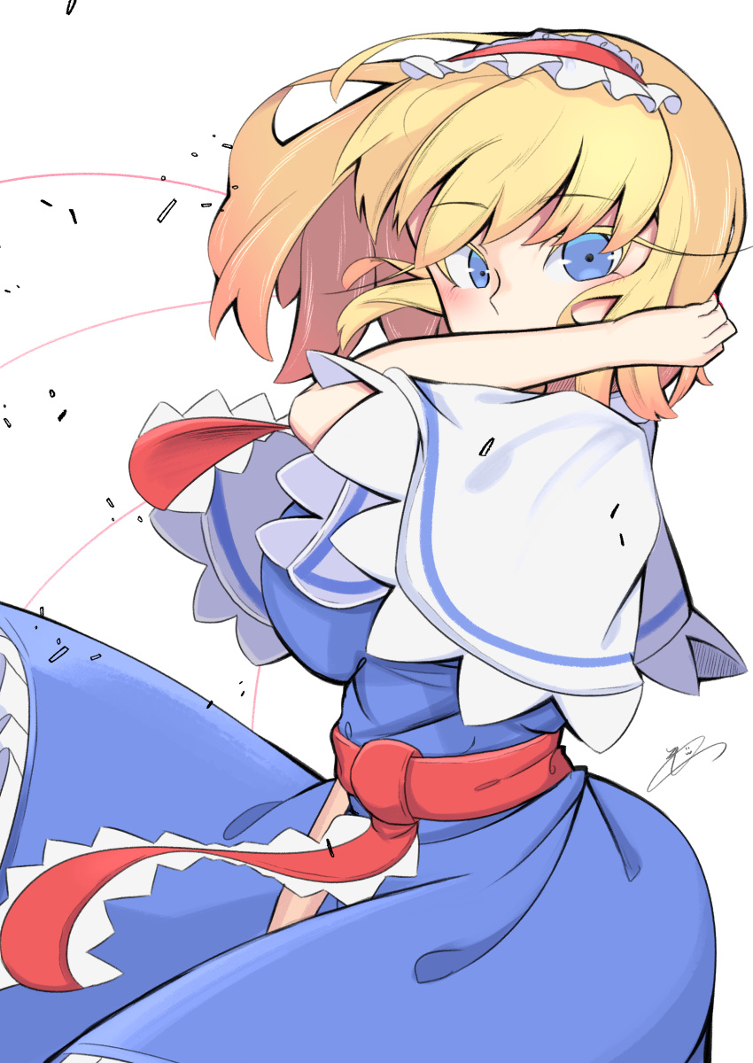 1girl absurdres alice_margatroid bangs blonde_hair blue_dress blue_eyes breasts capelet dress eyebrows_visible_through_hair hair_between_eyes hairband highres kaitojaja19980520 large_breasts red_hairband short_hair short_sleeves simple_background solo touhou white_background