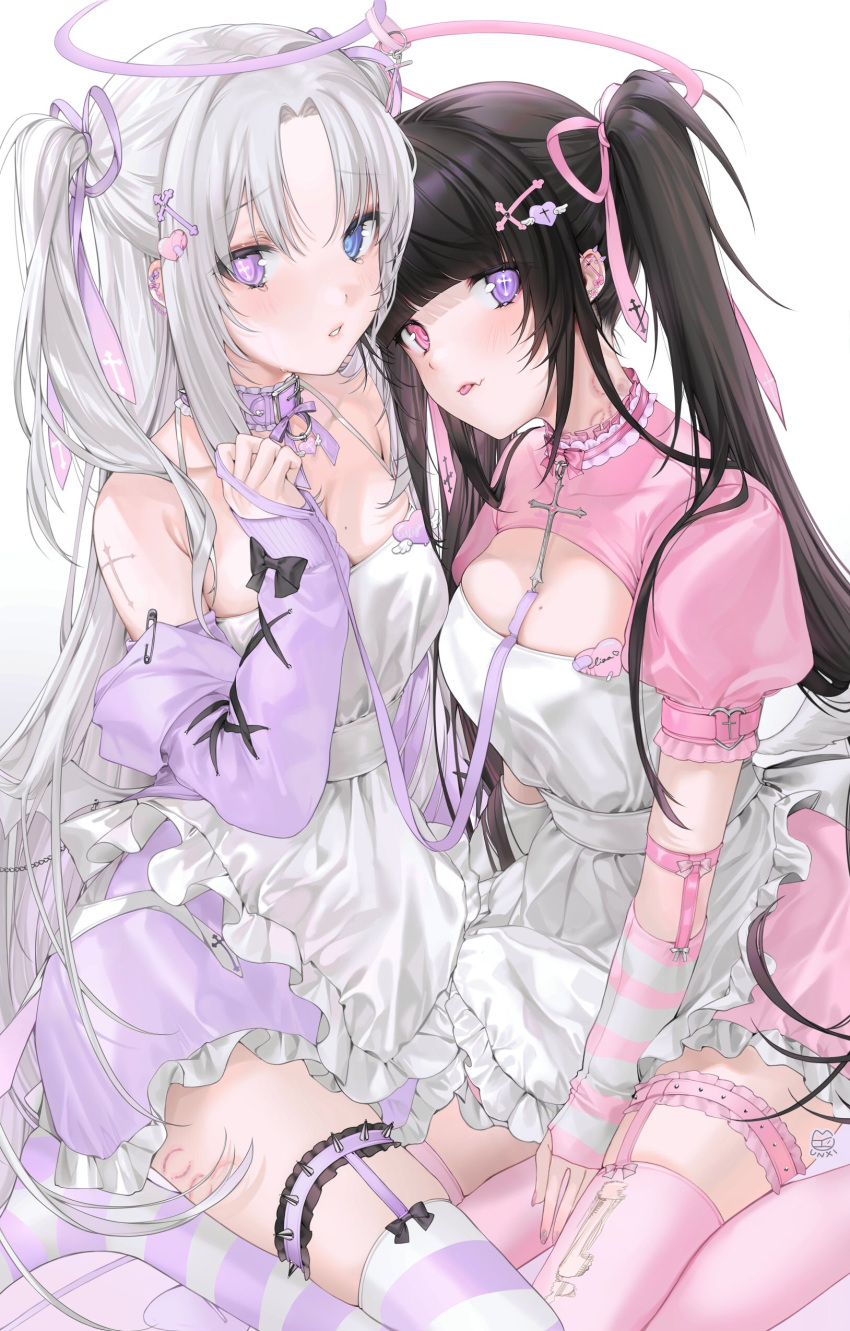 2girls absurdres angel_wings apron arm_warmers bangs barefoot bite_mark black_hair blue_eyes breasts character_name cleavage_cutout clothing_cutout cross-laced_clothes cross_fleury crying crying_with_eyes_open demon_wings dress ear_piercing eliza_(unxi) fang frilled_apron frilled_dress frills halo heterochromia highres hime_cut holding holding_leash jacket jacket_partially_removed large_breasts leash long_hair mole mole_on_breast multiple_girls original over-kneehighs parted_bangs piercing pink_dress pink_eyes pink_legwear pink_ribbon puffy_short_sleeves puffy_sleeves purple_dress purple_eyes purple_jacket purple_legwear purple_ribbon ribbon short_sleeves silver_hair skin_fang striped striped_legwear tears thighhighs tongue tongue_out twintails two_side_up unxi vega_(unxi) very_long_hair waist_apron white_legwear wings