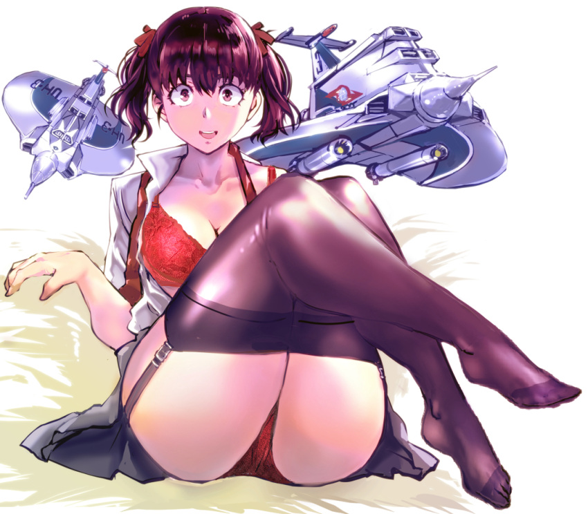 1girl aircraft airplane ass black_legwear bra breasts brown_eyes brown_hair cleavage collarbone commentary_request garter_straps grey_skirt hair_tie kamisimo_90 kneepits knees_up necktie open_clothes open_mouth open_shirt original panties red_bra red_necktie red_panties school_uniform shirt short_sleeves sitting skirt smile thighhighs thighs two_side_up underwear uniform white_shirt
