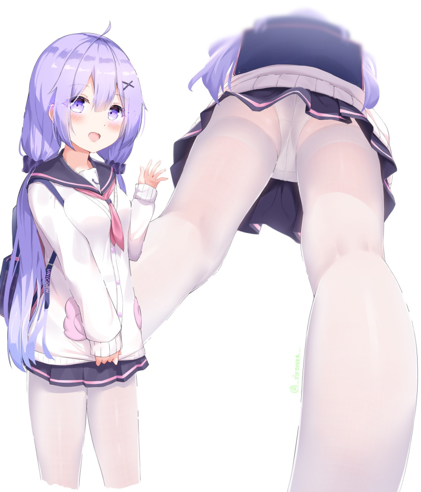 1girl azur_lane backpack bag bangs black_sailor_collar black_skirt blush cardigan commentary_request eyebrows_visible_through_hair eyes_visible_through_hair from_below hair_between_eyes hair_ornament hair_scrunchie hand_up highres long_hair looking_at_viewer miniskirt multiple_views neckerchief open_mouth panties panties_under_pantyhose pantyhose pink_neckerchief pleated_skirt purple_eyes purple_hair sailor_collar scrunchie simple_background sironora skirt sleeves_past_wrists standing twintails twitter_username underwear unicorn_(azur_lane) unicorn_(long-awaited_date)_(azur_lane) upskirt very_long_hair white_background white_cardigan white_legwear white_panties x_hair_ornament