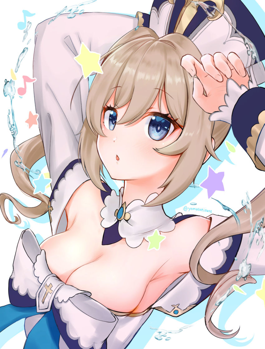 1girl :o armpits arms_up barbara_(genshin_impact) bare_shoulders blonde_hair blue_eyes bow bowtie breasts cleavage cross detached_collar dress genshin_impact hat highres idol latin_cross long_sleeves looking_at_viewer medium_breasts off_shoulder open_mouth solo star_(symbol) sue_(frederica--bernkastel) twintails upper_body white_dress