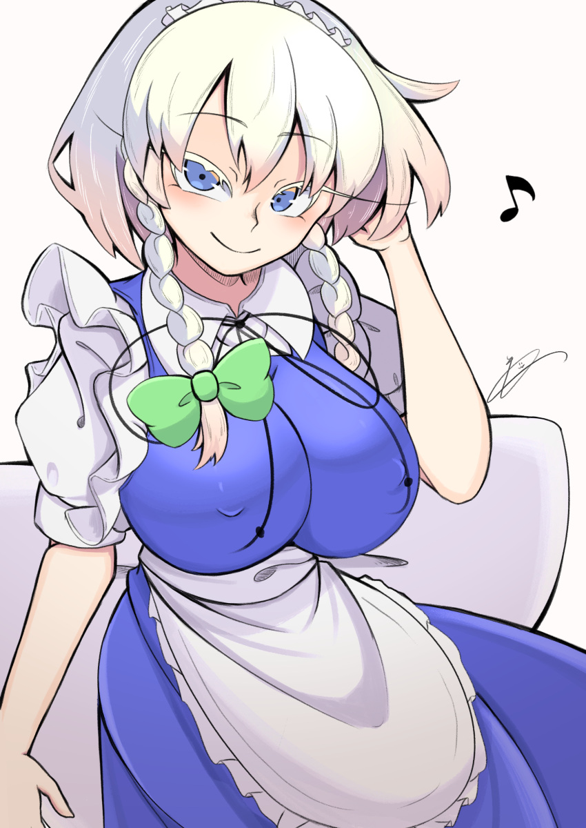 1girl absurdres apron bangs blue_dress bow braid breasts closed_mouth collar collared_shirt covered_nipples dress eyebrows_visible_through_hair hair_between_eyes hair_bow highres izayoi_sakuya kaitojaja19980520 large_breasts maid maid_headdress puffy_short_sleeves puffy_sleeves shirt short_hair short_sleeves smile solo standing touhou twin_braids white_apron white_shirt