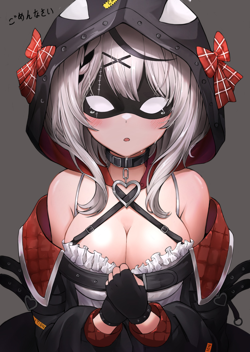 1girl absurdres bangs belt black_belt black_choker black_gloves black_hair black_jacket blush bow breasts choker cleavage commentary crying crying_with_eyes_open dstwins97 eye_mask facing_viewer fingerless_gloves gloves hair_ornament highres hololive hood hood_up jacket large_breasts long_hair multicolored_hair off_shoulder open_clothes open_jacket parted_lips plaid plaid_bow red_bow sakamata_chloe shirt silver_hair simple_background solo streaked_hair tears upper_body virtual_youtuber white_shirt x_hair_ornament