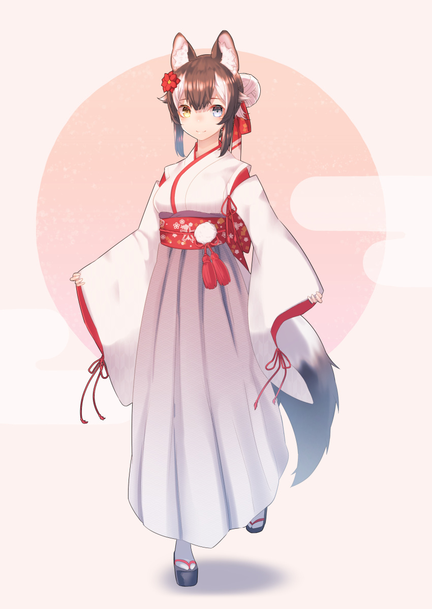 1girl absurdres akuma_(st.takuma) alternate_costume alternate_hairstyle animal_ears blue_eyes eyebrows_visible_through_hair flower full_body geta grey_hair grey_wolf_(kemono_friends) hair_bun hair_flower hair_ornament hair_ribbon heterochromia highres japanese_clothes kemono_friends kimono multicolored_hair ribbon short_hair socks solo standing standing_on_one_leg tail white_hair white_kimono white_legwear wolf_ears wolf_girl wolf_tail yellow_eyes