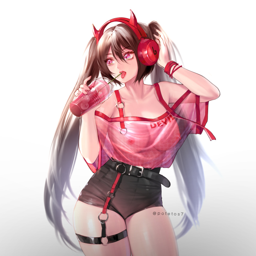 1girl arm_up artist_name beats_by_dr._dre belt black_belt black_hair black_shorts breasts collarbone cup drinking drinking_straw eyebrows_visible_through_hair headphones highres holding holding_cup large_breasts lips long_hair looking_away nipples original pink_eyes potetos7 see-through_shirt short_shorts short_sleeves shorts slit_pupils solo tongue tongue_out twintails twitter_username very_long_hair