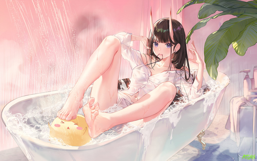 &gt;_&lt; 1girl artist_name atdan azur_lane bangs bare_legs barefoot bathtub bikini bikini_under_clothes black_bikini bottle breasts claw_foot_bathtub commentary earrings english_commentary eyebrows_visible_through_hair feet full_body hair_tie_in_mouth hands_up highres horns jewelry leaf long_hair long_sleeves looking_at_viewer manjuu_(azur_lane) medium_breasts mouth_hold navel noshiro_(azur_lane) noshiro_(cozy_enclave)_(azur_lane) off_shoulder official_alternate_costume oni_horns partially_submerged purple_eyes see-through shirt shorts soles solo string_bikini swimsuit toes water wet white_shirt white_shorts