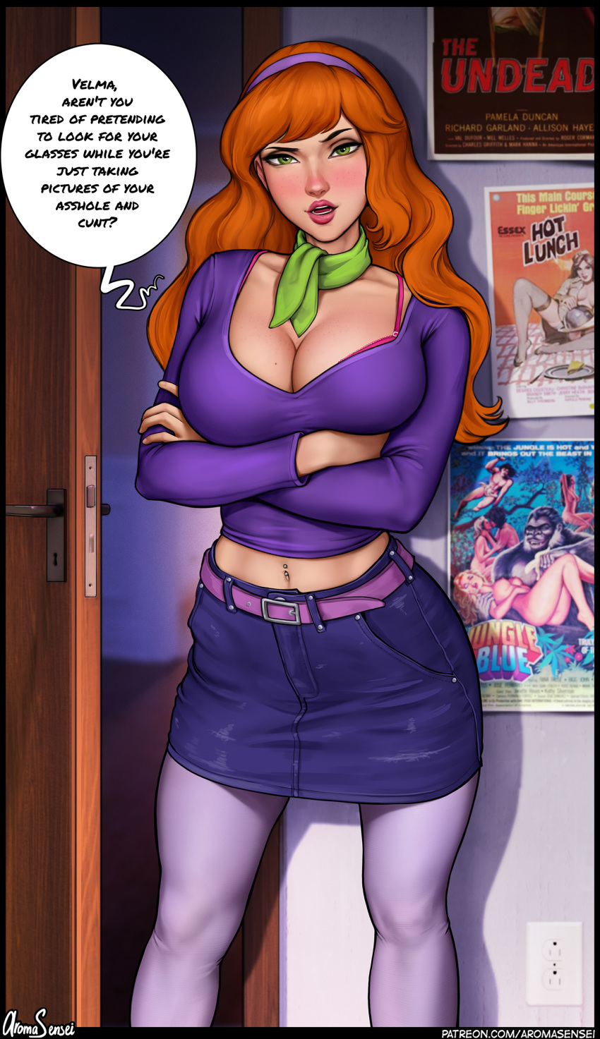 1girl absurdres arms_under_breasts aroma_sensei blue_sky bra bra_peek breast_hold breasts cleavage commentary crossed_arms daphne_ann_blake electric_socket english_commentary english_text green_eyes green_scarf hairband highres indoors long_hair long_sleeves looking_at_viewer medium_breasts midriff navel_piercing open_door open_mouth orange_hair pantyhose piercing pink_bra poster_(object) purple_hairband purple_shirt scarf scooby-doo shirt sky solo speech_bubble standing underwear white_legwear
