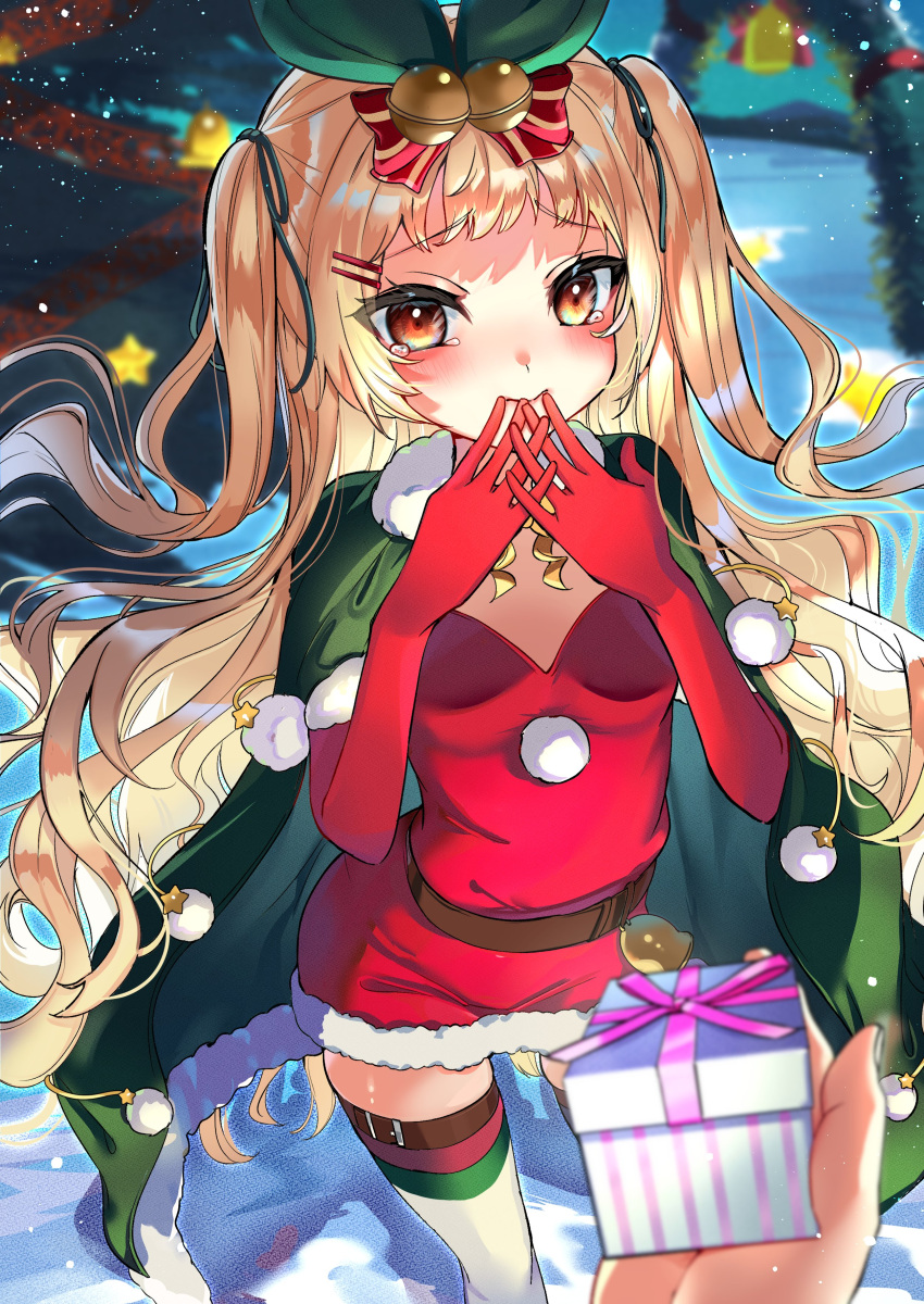 1girl 1other absurdres azur_lane bell blonde_hair blush box cape christmas christmas_ornaments christmas_present commission crossed_fingers dress elbow_gloves fur-trimmed_cape fur-trimmed_gloves fur_trim gift gift_box gloves green_cape green_ribbon hair_ornament hairclip highres jenkins_(azur_lane) jenkins_(light_of_the_holiest_star)_(azur_lane) long_hair looking_at_viewer night official_alternate_costume pink_ribbon piyokuma red_dress red_eyes ribbon skeb_commission snow solo_focus star_(symbol) strapless strapless_dress tears thighhighs wavy_hair white_legwear