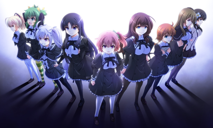 6+girls :d ahoge andou_tazusa antenna_hair arm_under_breasts arms_at_sides arms_behind_head arms_under_breasts arms_up assault_lily bangs black_capelet black_footwear black_hair black_legwear black_ribbon black_skirt blonde_hair blue_eyes blunt_bangs bow braid braided_ponytail breasts brown_footwear brown_hair buttons capelet clenched_hand closed_mouth commentary_request cropped_jacket crossed_arms detached_sleeves eyebrows_visible_through_hair fang flower frilled_skirt frilled_sleeves frills full_body futagawa_fumi gradient gradient_background green_eyes green_hair grey_background grey_legwear grin hair_between_eyes hair_bow hair_flower hair_ornament hair_over_shoulder hair_ribbon hand_on_hip hand_on_own_cheek hand_on_own_face hand_up hands_up high-waist_skirt high_ponytail highres hitotsuyanagi_riri holding holding_tablet_pc jewelry juliet_sleeves kaede_johan_nouvel kuo_shenlin large_breasts loafers long_hair long_sleeves looking_at_viewer looking_away mary_janes medium_breasts miniskirt miriam_hildegard_von_gropius multicolored_clothes multicolored_legwear multiple_girls musashiya_chougenbou neck_ribbon one_side_up open_mouth pantyhose parted_lips pink_eyes pink_hair pleated_skirt puffy_sleeves purple_eyes red_eyes ribbon ring school_uniform serious shadow shiny shiny_hair shirai_yuyu shirt shoes short_hair short_sleeves side-by-side silver_hair single_braid skirt smile standing striped striped_legwear tablet_pc tassel twintails two_side_up v-shaped_eyebrows very_long_hair wang_yujia white_background white_bow white_flower white_legwear white_shirt yellow_legwear yellow_ribbon yoshimura_thi_mai yurigaoka_girls_academy_school_uniform
