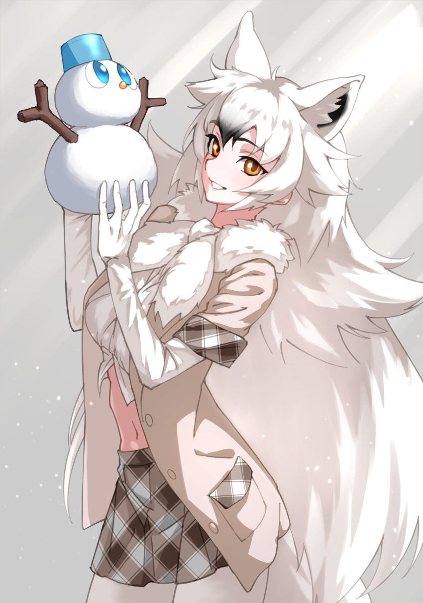 1girl absurdres animal_ears arctic_wolf_(kemono_friends) black_hair commentary_request elbow_gloves extra_ears eyebrows_visible_through_hair gloves grey_jacket grey_skirt highres jacket kemono_friends long_hair looking_at_viewer midriff multicolored_hair navel open_clothes open_jacket pantyhose plaid plaid_skirt plaid_trim pleated_skirt shirt skirt snowman solo tail tanabe_(fueisei) white_gloves white_hair white_legwear white_shirt wolf_ears wolf_girl wolf_tail yellow_eyes