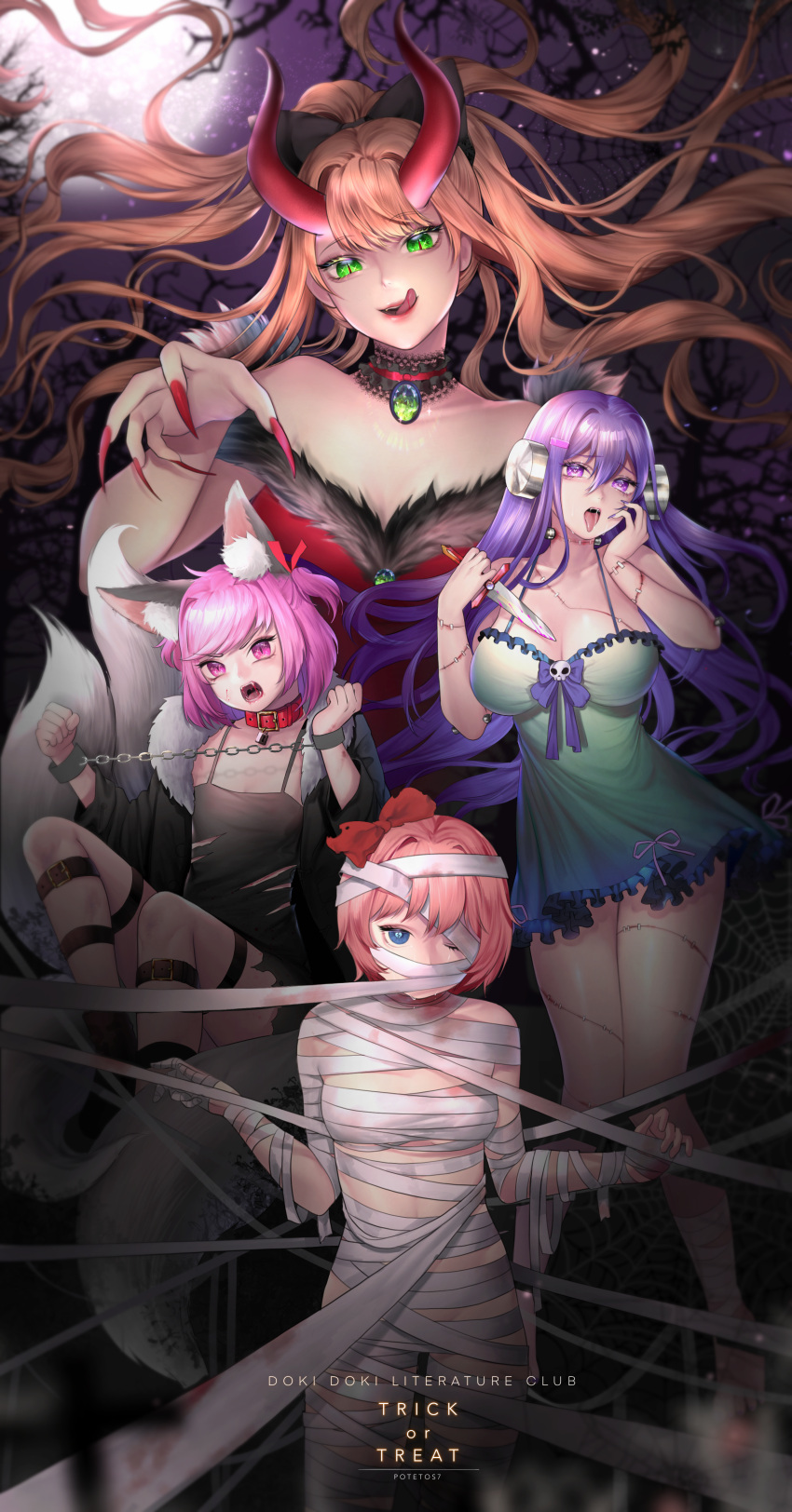 4girls absurdres animal_ear_fluff animal_ears babydoll bandages bare_shoulders black_bow black_choker blood blood_in_mouth blue_eyes bolt bow breasts broken_heart brooch brown_hair bruise camisole choker claw_pose cleavage collar copyright_name cosplay cuffs dagger doki_doki_literature_club eyebrows_visible_through_hair eyelashes fangs fingernails flat_chest floating_hair fox_ears fox_girl fox_tail frankenstein's_monster frankenstein's_monster_(cosplay) full_moon fur_collar green_eyes hair_between_eyes hair_bow hair_intakes halloween halloween_costume heart heart-shaped_pupils highres horns injury jewelry kemonomimi_mode knife large_breasts leg_belt licking_lips light_purple_hair lips lock long_fingernails long_hair looking_at_viewer monika_(doki_doki_literature_club) moon multiple_girls multiple_tails mummy mummy_costume naked_bandage natsuki_(doki_doki_literature_club) one_eye_closed one_eye_covered padlock padlocked_collar patchwork_skin pink_eyes pink_hair potetos7 purple_eyes purple_hair red_bow red_nails sayori_(doki_doki_literature_club) shackles sharp_fingernails short_hair slit_pupils small_breasts spaghetti_strap stitches symbol-shaped_pupils tail tears thigh_strap tongue tongue_out torn_clothes trick_or_treat two_side_up very_long_hair weapon white_tail yandere yuri_(doki_doki_literature_club)