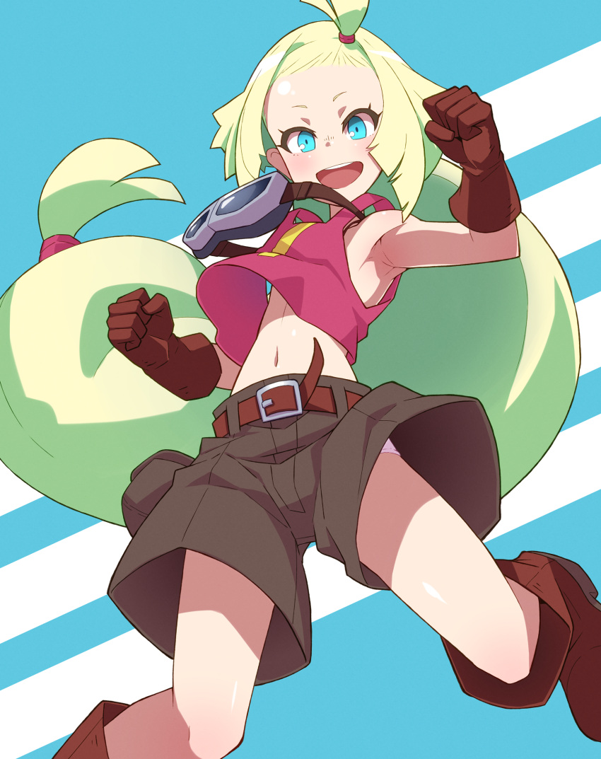 1girl :d armpits baggy_shorts belt blonde_hair blue_background blue_eyes boots brown_belt brown_footwear brown_gloves brown_shorts clenched_hands clothes_lift flat_chest gloves goggles goggles_around_neck highres long_hair looking_at_viewer low-tied_long_hair memenpu midriff navel open_mouth panties panty_peek pink_panties qome sakugan shiny shiny_forehead shiny_skin shirt shorts sleeveless sleeveless_shirt smile solo striped striped_background tied_hair underwear very_long_hair