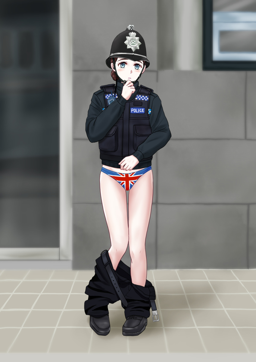 1girl belt blue_eyes british brown_hair chin_strap clothes_pull custodian_helmet embarrassed hat helmet highres jacket original panties pants pants_pull piiiiiko police police_hat police_uniform policewoman radio solo underwear uniform uniform_vest union_jack united_kingdom vest