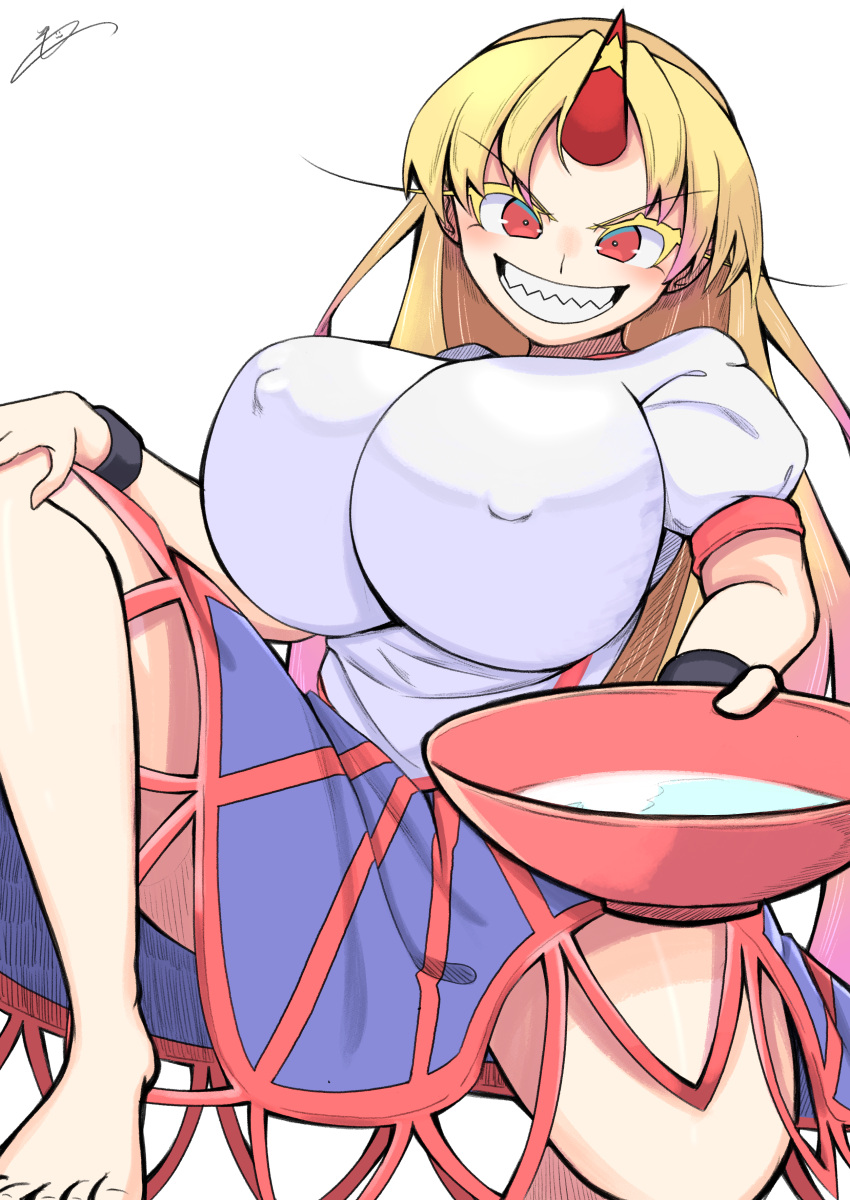 1girl absurdres alcohol bangs blonde_hair bowl breasts closed_mouth eyebrows_visible_through_hair hair_between_eyes highres horns hoshiguma_yuugi huge_breasts kaitojaja19980520 long_hair looking_at_viewer red_eyes sake shirt short_sleeves simple_background single_horn smile solo teeth touhou white_background white_shirt