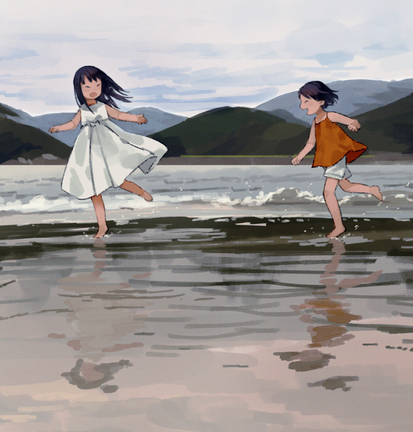 2girls ^_^ ^o^ bangs bare_arms bare_shoulders barefoot beach black_hair camisole child closed_eyes cloud cloudy_sky day dress facing_viewer floating_hair from_side grey_sky hair_behind_ear hand_up happy highres hill leg_up maeya_susumu medium_dress multiple_girls no_nose ocean open_hand open_mouth original outdoors pleated_dress profile red_camisole reflection reflective_water running sand short_hair short_shorts shorts sky sleeveless sleeveless_dress smile spaghetti_strap splashing straight_hair sundress water water_drop white_dress wide_shot wind