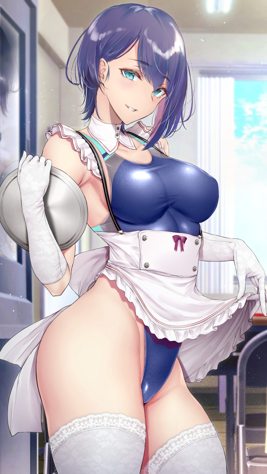 1girl absurdres apron apron_lift bangs blue_eyes blue_hair blue_swimsuit breasts commentary_request competition_swimsuit elbow_gloves eyebrows_visible_through_hair gentsuki gloves highleg highleg_swimsuit highres indoors large_breasts looking_at_viewer maid maid_apron one-piece_swimsuit original parted_lips short_hair smile solo swimsuit thighhighs thighs tray white_apron white_gloves white_legwear