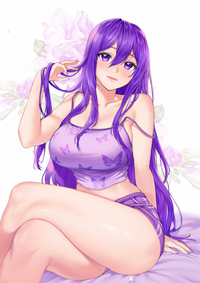 1girl absurdres animal_print babydoll bangs bare_arms bare_legs bare_shoulders bed_sheet breasts butterfly_print casual collarbone commission crossed_legs doki_doki_literature_club eyebrows_visible_through_hair floral_background flower hand_in_hair highres large_breasts light_smile lily_(flower) long_hair object_namesake potetos7 print_babydoll purple_eyes purple_hair short_shorts shorts sitting solo spaghetti_strap strap_slip very_long_hair watermark yuri_(doki_doki_literature_club)