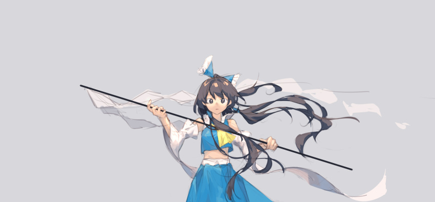 1girl :o alternate_color ascot blue_shirt blue_skirt bow brown_eyes brown_hair detached_sleeves floating_hair gohei grey_background hair_bow hair_tubes hakurei_reimu highres iwapd3 long_hair looking_at_viewer midriff nontraditional_miko parted_lips player_2 shirt sidelocks skirt sleeveless solo standing touhou yellow_ascot