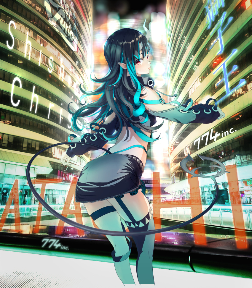 1girl 774_inc. absurdres bangs belt black_hair black_jacket black_legwear black_skirt blue_belt blue_hair botan_(oacdrykafjf3g3d) building character_name city closed_mouth clothing_cutout commentary_request cropped_jacket cross-laced_sleeves cyberpunk demon_girl demon_horns demon_tail feet_out_of_frame garter_straps highres horns jacket long_hair long_sleeves looking_at_viewer looking_back multicolored_hair pointy_ears red_eyes shishio_chris shoulder_cutout single_thighhigh skirt skyscraper solo sugar_lyric tail thighhighs two-tone_hair virtual_youtuber zipper_skirt