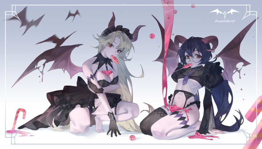 2girls absurdres arm_support bare_shoulders barefoot bikini black_bikini black_bra black_gloves black_hair black_legwear black_shirt black_skirt blonde_hair bra breasts candy cleavage collared_shirt crop_top demon_girl demon_horns demon_wings food frills garter_belt glasses gloves headdress highleg highleg_bikini highres horns juliet_sleeves jyuma large_breasts lollipop long_hair long_skirt long_sleeves looking_at_viewer low_ponytail midriff mouth_hold multiple_girls navel necktie one_knee original puffy_sleeves red_eyes revealing_clothes round_eyewear seiza shirt short_necktie showgirl_skirt single_thighhigh sitting skirt small_breasts stomach string_bikini swimsuit swirl_lollipop thigh_strap thighhighs thighs torn_wings underboob underwear very_long_hair wings