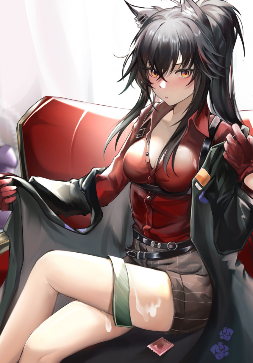 1girl :o animal_ears arknights bangs belt black_coat black_hair blush breasts brown_shorts cleavage coat collared_shirt condom condom_wrapper crossed_legs cum cum_on_legs ear_piercing eyebrows_visible_through_hair feet_out_of_frame gloves green_necktie hair_between_eyes highres long_hair long_sleeves looking_at_viewer medium_breasts necktie necktie_removed no_bra nose_blush off_shoulder official_alternate_costume open_clothes open_coat orange_eyes parted_lips partially_unbuttoned piercing ponytail red_gloves red_shirt shirt shorts simple_background solo striped striped_shorts tabayashi texas_(arknights) texas_(willpower)_(arknights) underbust undressing v-shaped_eyebrows vertical-striped_shorts vertical_stripes very_long_hair white_background wolf_ears