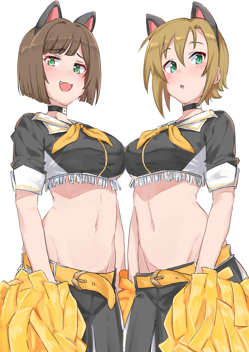 2girls absurdres animal_ears asterisk_(idolmaster) belt breasts brown_hair cat_ears cheerleader choker crop_top fake_animal_ears fang fringe_trim highres idolmaster idolmaster_cinderella_girls idolmaster_cinderella_girls_starlight_stage large_breasts maekawa_miku midriff multiple_girls navel pleated_skirt pom_pom_(cheerleading) skirt smug tada_riina wasabijoyu76