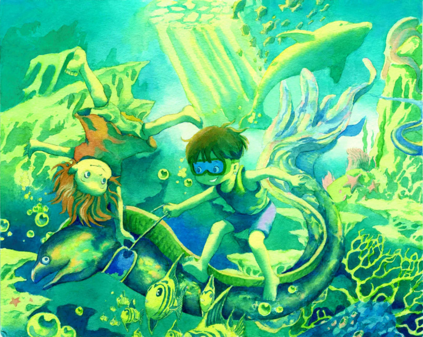 1boy 1girl :p absurdres bare_arms barefoot blue_eyes bubble child coral_reef diving_mask dolphin dress eel english_commentary floating floating_hair freediving gake_no_ue_no_ponyo goggles highres looking_at_another moonby nature outstretched_arms painting_(medium) ponyo red_dress red_hair school_of_fish short_hair shorts smile sousuke_(ponyo) spread_arms spread_legs swimming teeth tongue tongue_out traditional_media underwater watercolor_(medium)
