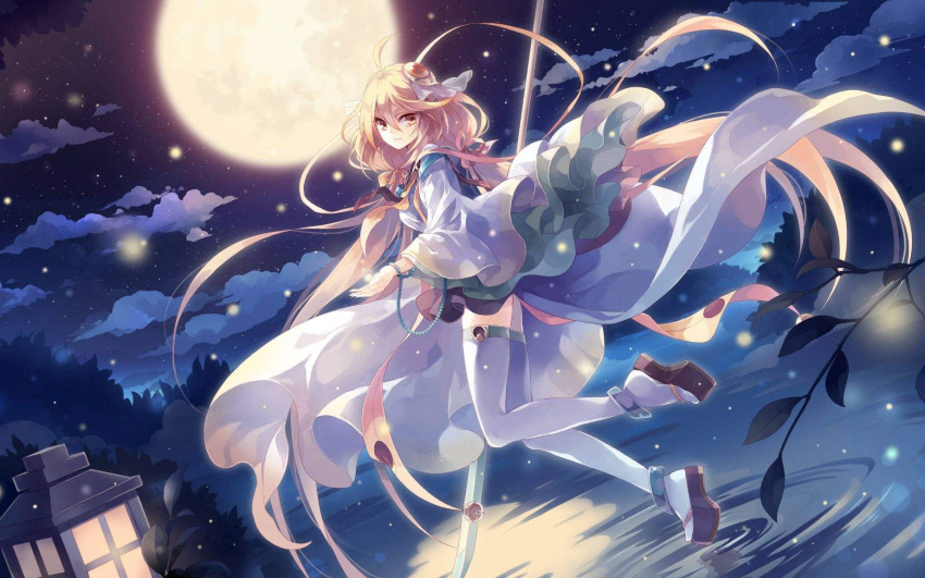 1girl artist_request bangs benghuai_xueyuan bug chinese_clothes closed_mouth cloud cloudy_sky commentary_request firefly flip-flops full_body full_moon gloves hair_between_eyes hair_ornament hanfu highres holding holding_polearm holding_weapon honkai_(series) jpeg_artifacts lantern long_hair long_sleeves looking_at_viewer moon night night_sky official_art outdoors pink_eyes pink_hair polearm sandals sky smile solo spear star_(sky) starry_sky thighhighs very_long_hair weapon white_gloves