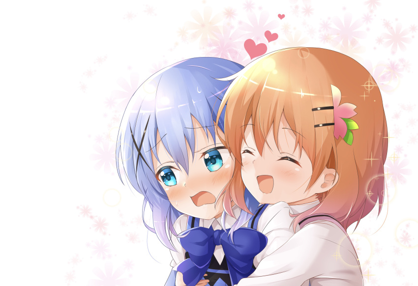 2girls ^_^ absurdres bangs blue_bow blue_bowtie blue_eyes blue_vest bow bowtie brown_hair closed_eyes collared_shirt eyebrows_visible_through_hair flower gochuumon_wa_usagi_desu_ka? hair_between_eyes hair_flower hair_ornament heart highres hoto_cocoa hug hug_from_behind kafuu_chino lens_flare long_hair long_sleeves looking_away mika_miche multiple_girls open_mouth pink_flower pink_vest portrait rabbit_house_uniform shiny shiny_hair shirt silver_hair sparkle sweatdrop vest wavy_mouth white_background white_shirt wing_collar x_hair_ornament yuri